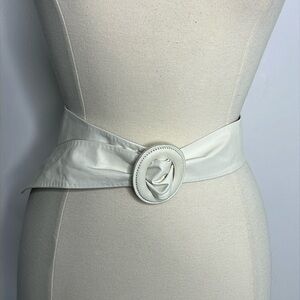 Carlo Australia split cowhide wide leather buckle creamy white belt, size: M-L